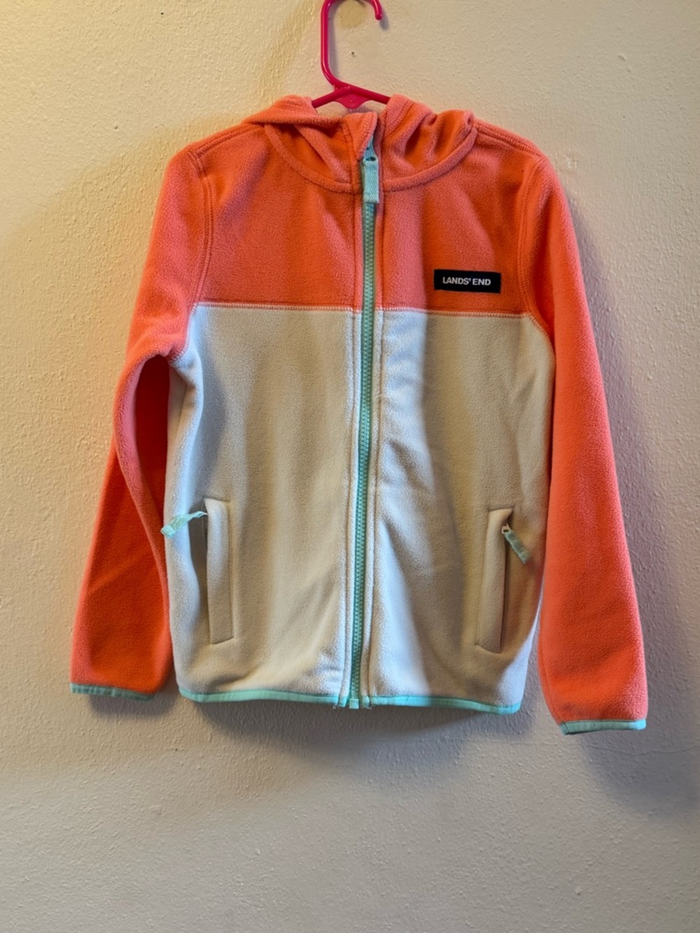 Lands' End Kids Fleece Full Zip Hooded Jacket Colorblock Coral Cream Size 6